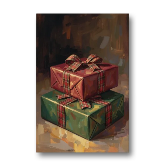 Moody Christmas Wall Art of Two Stacked Plaid Gifts - Canvas Wall Art - Front