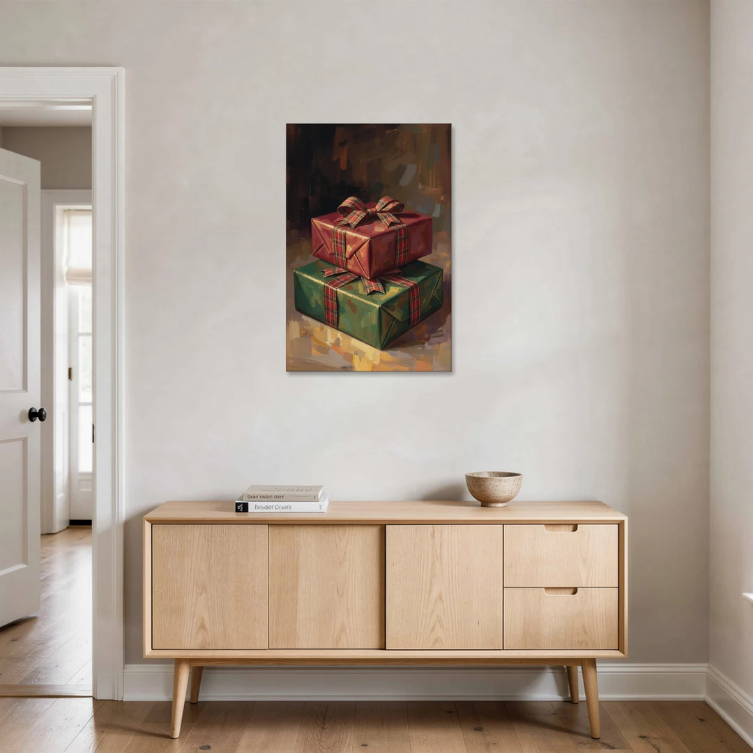 Moody Christmas Wall Art of Two Stacked Plaid Gifts - Canvas Wall Art - Coffee Table - 24x36