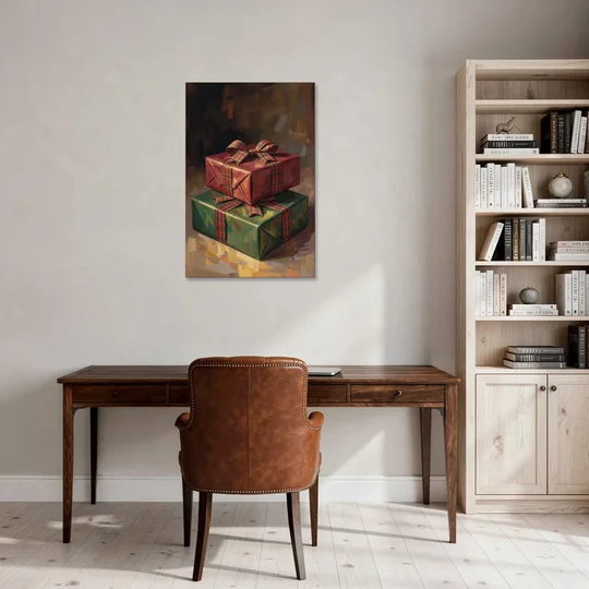 Moody Christmas Wall Art of Two Stacked Plaid Gifts - Canvas Wall Art - Office - 24x36