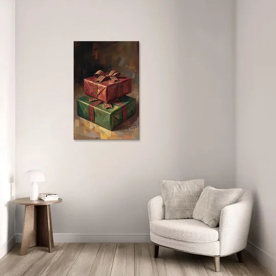 Moody Christmas Wall Art of Two Stacked Plaid Gifts - Canvas Wall Art - Sofa - 24x36