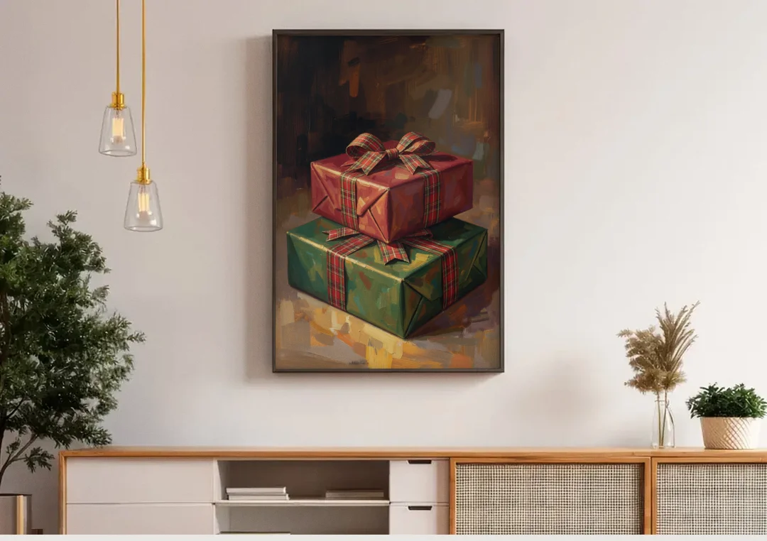 Moody Christmas Wall Art of Two Stacked Plaid Gifts canvas wall art above a wooden sideboard under pendant lights