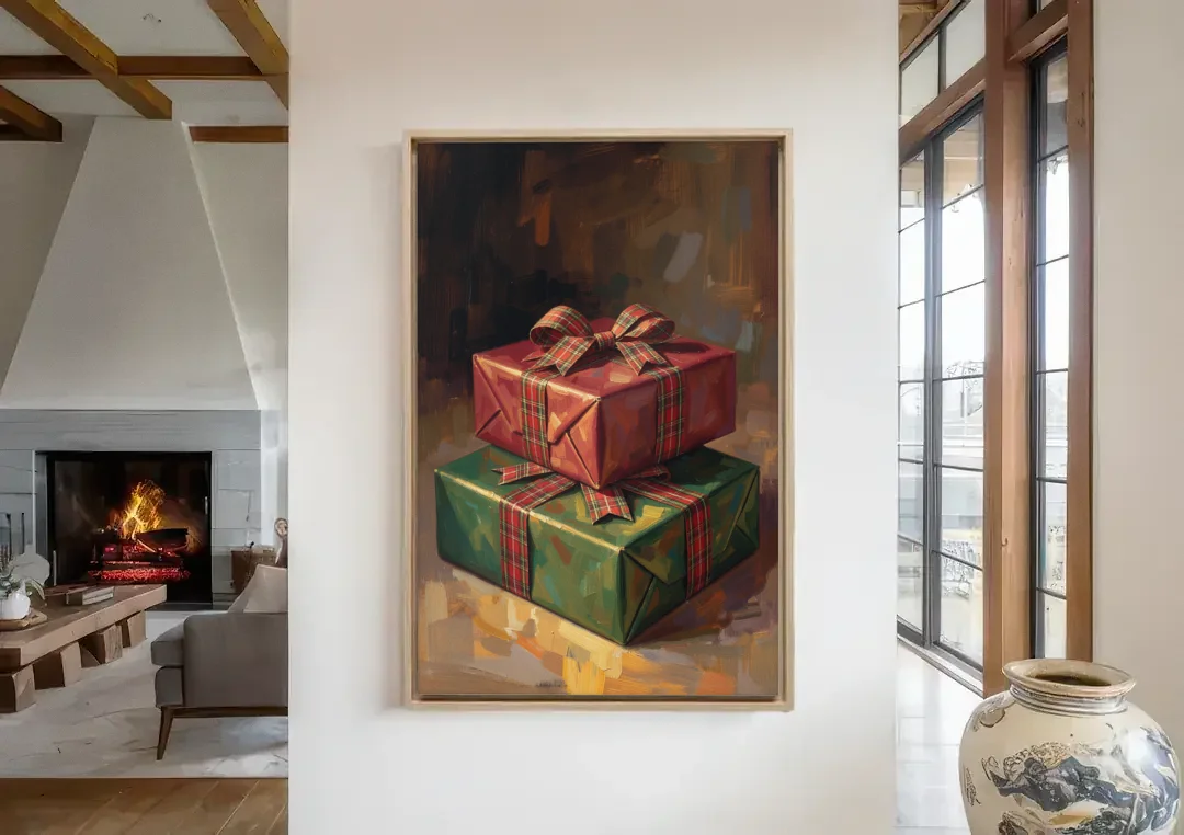Moody Christmas Wall Art of Two Stacked Plaid Gifts canvas wall art in a living room with a fireplace