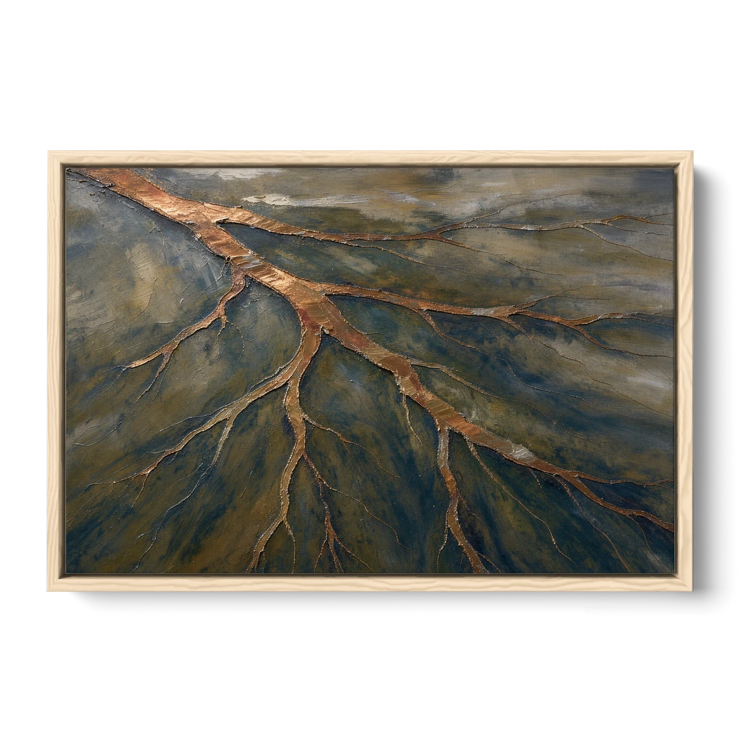 Moody Copper River Delta Abstract - Oak Framed Canvas Wall Art - Front