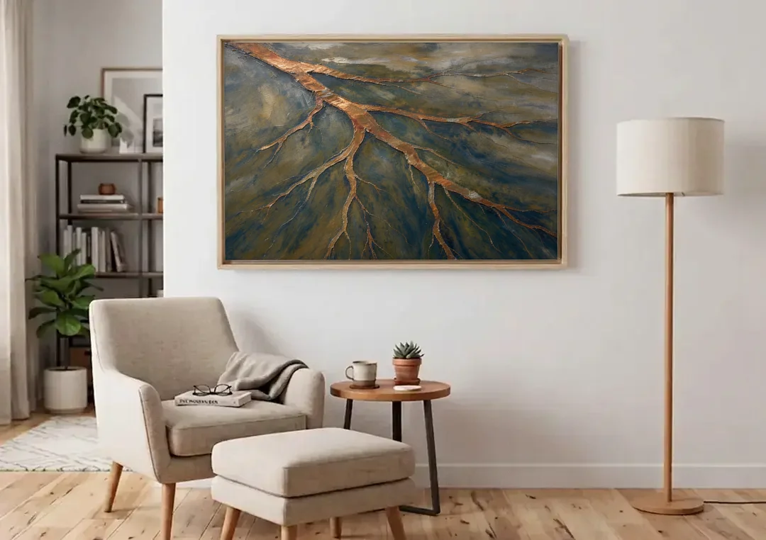 Moody Copper River Delta Abstract canvas wall art above an armchair in a bright living room