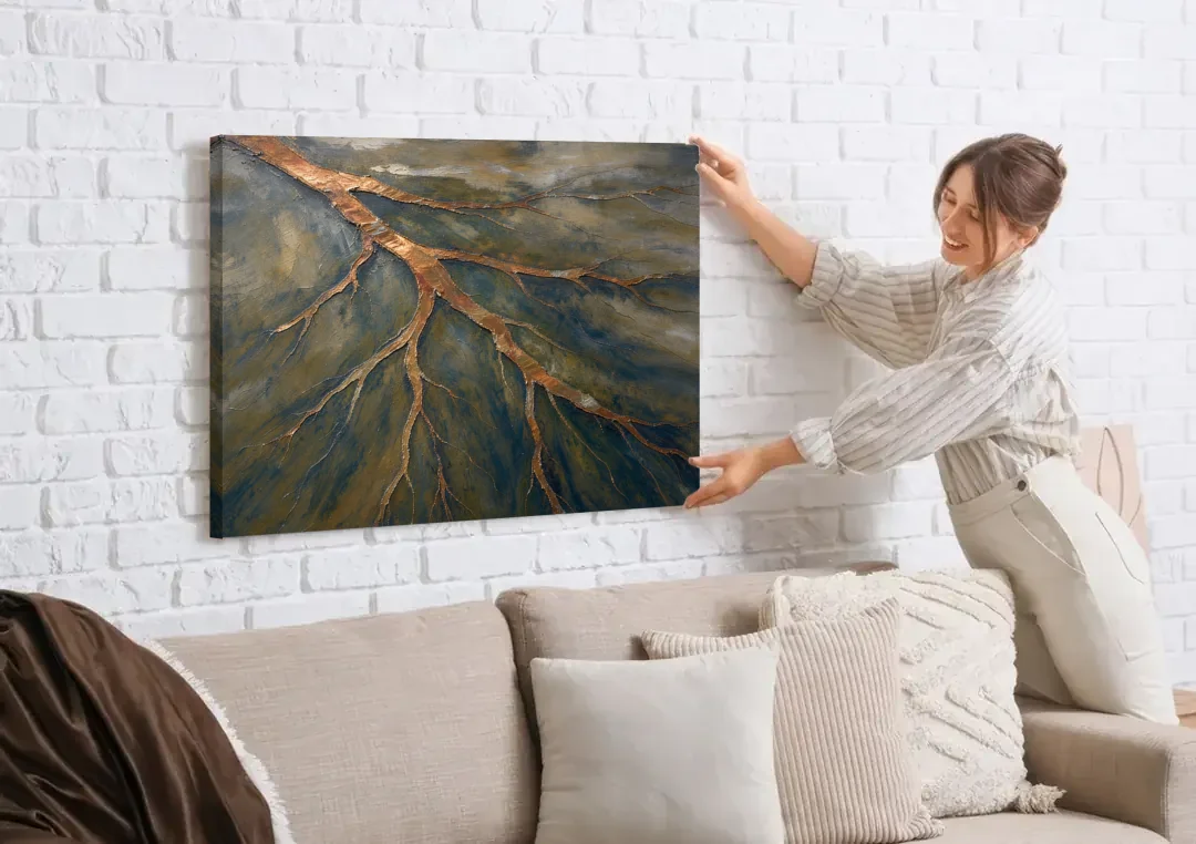 Moody Copper River Delta Abstract canvas wall art being hung on a white brick wall above a sofa