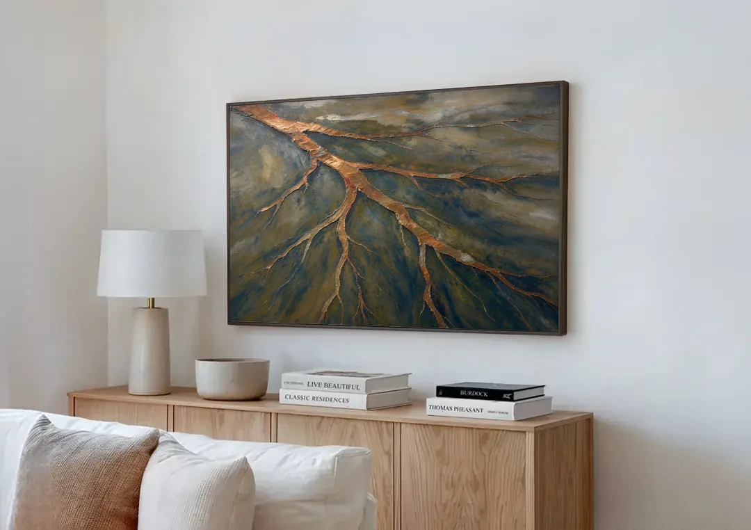 Moody Copper River Delta Abstract canvas wall art above a wooden sideboard next to a sofa