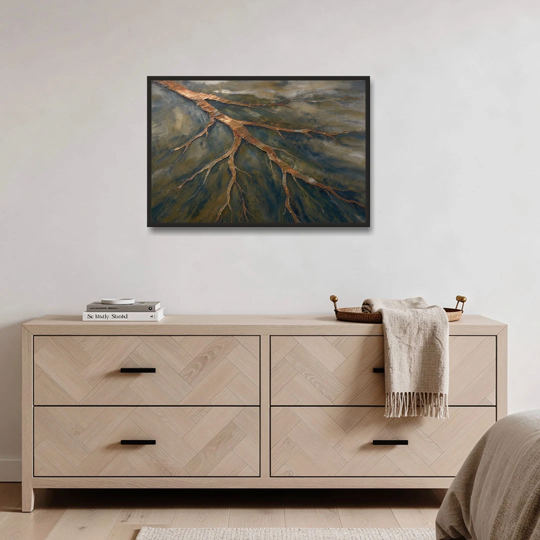 Moody Copper River Delta Abstract - Black Framed Canvas Wall Art - Coffee Table - 36x24