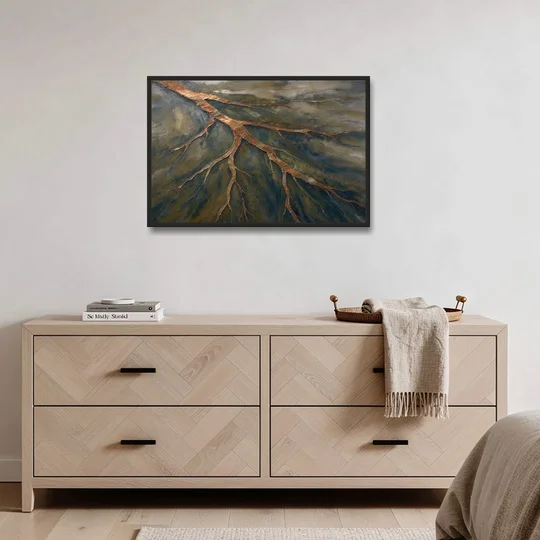 Moody Copper River Delta Abstract - Black Framed Canvas Wall Art - Coffee Table - 36x24