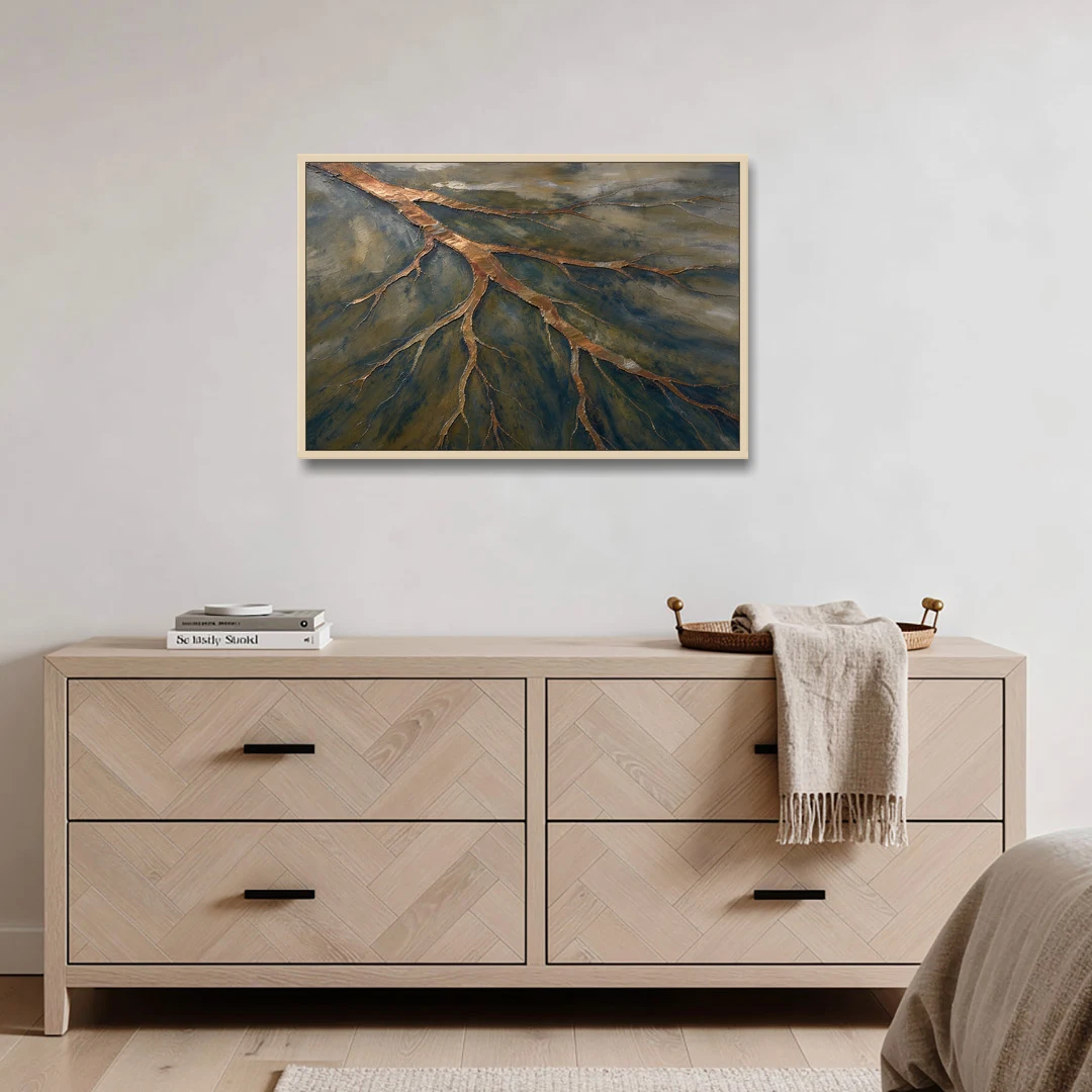 Moody Copper River Delta Abstract - Oak Framed Canvas Wall Art - Coffee Table - 36x24