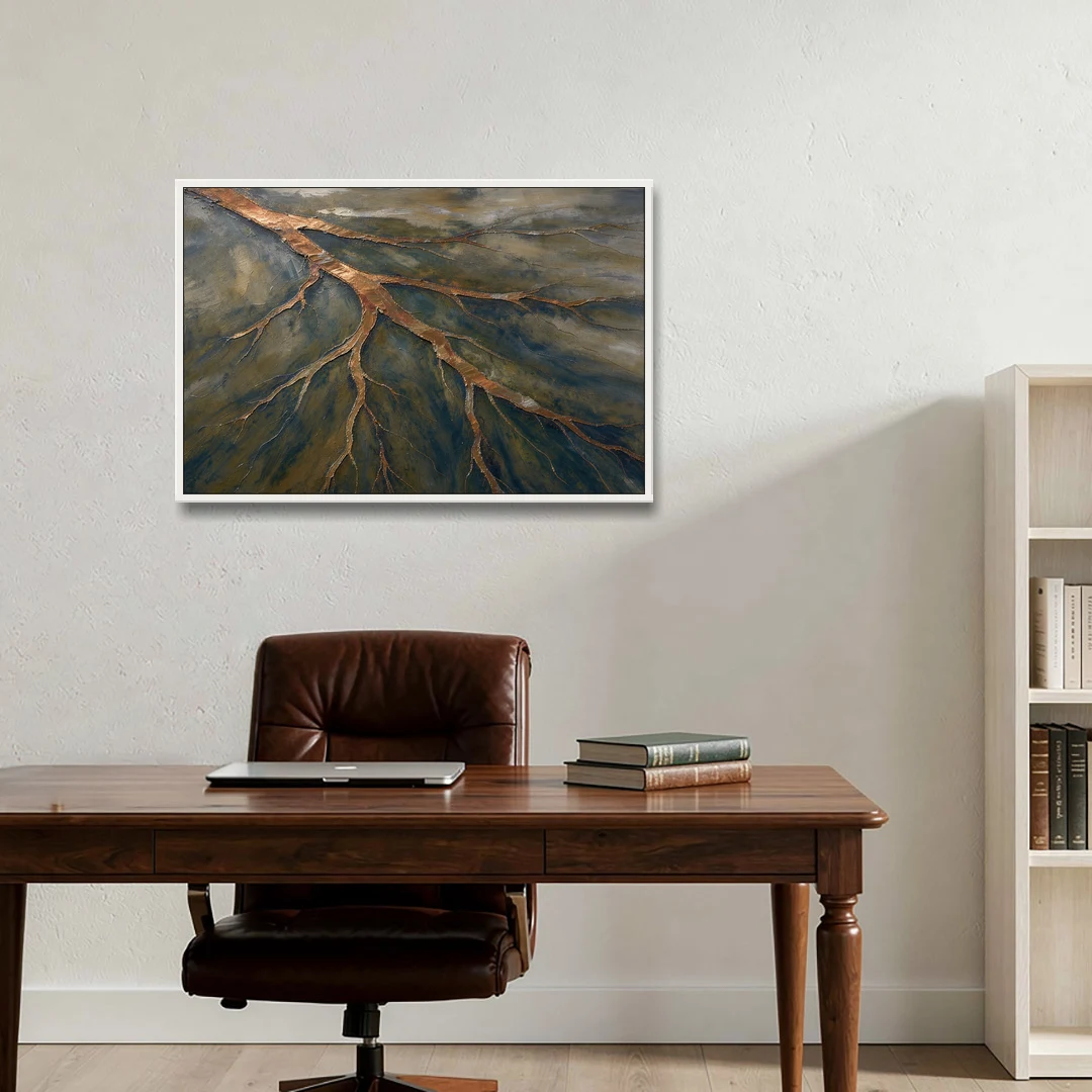 Moody Copper River Delta Abstract - White Framed Canvas Wall Art - Office - 36x24