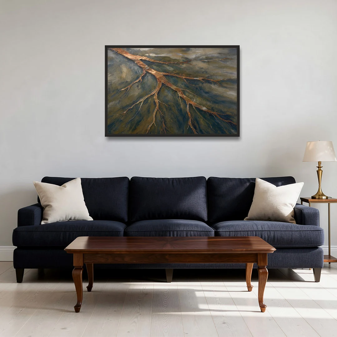 Moody Copper River Delta Abstract - Black Framed Canvas Wall Art - Sofa - 36x24