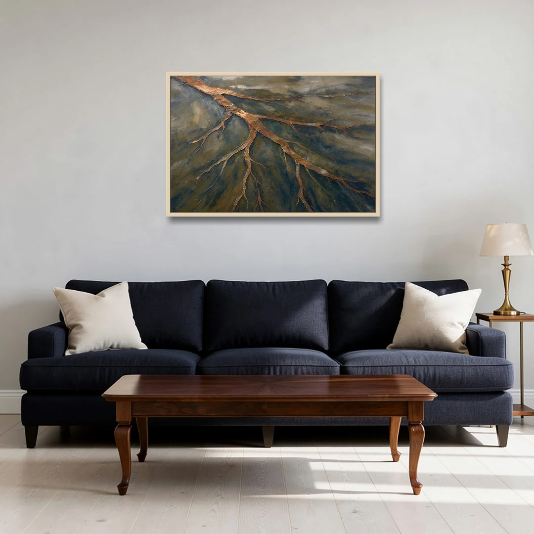 Moody Copper River Delta Abstract - Oak Framed Canvas Wall Art - Sofa - 36x24