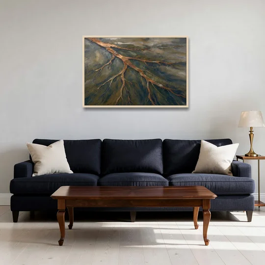 Moody Copper River Delta Abstract - Oak Framed Canvas Wall Art - Sofa - 36x24