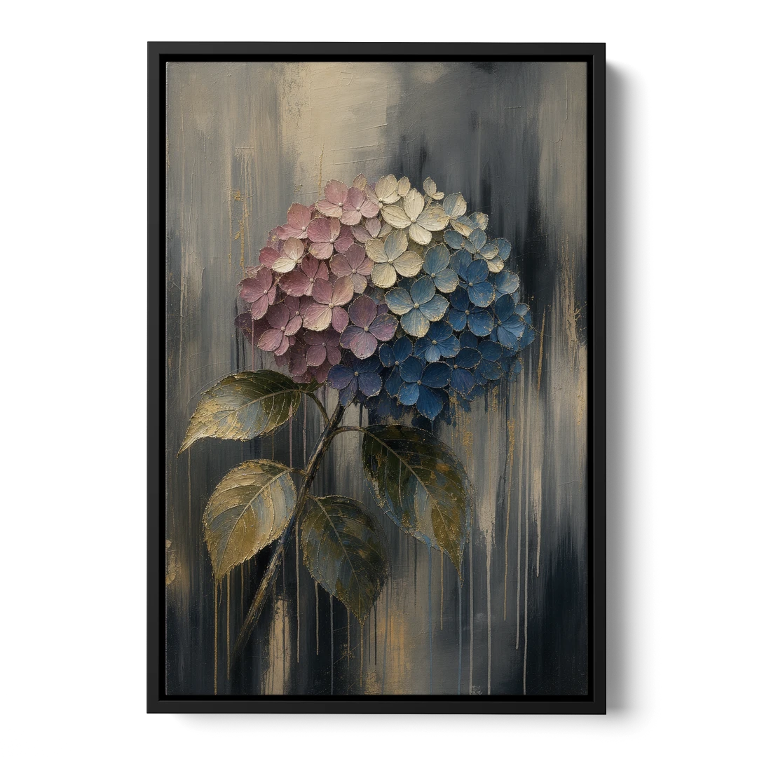 Moody Floral Wall Art of a Drooping Hydrangea - Black Framed Canvas Wall Art - Front