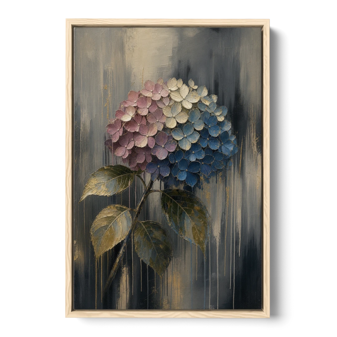 Moody Floral Wall Art of a Drooping Hydrangea - Oak Framed Canvas Wall Art - Front