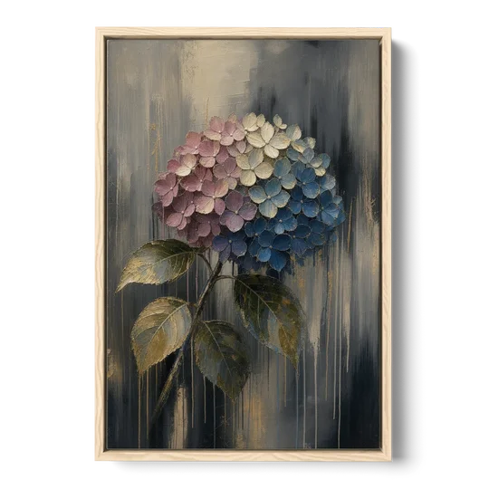 Moody Floral Wall Art of a Drooping Hydrangea - Oak Framed Canvas Wall Art - Front