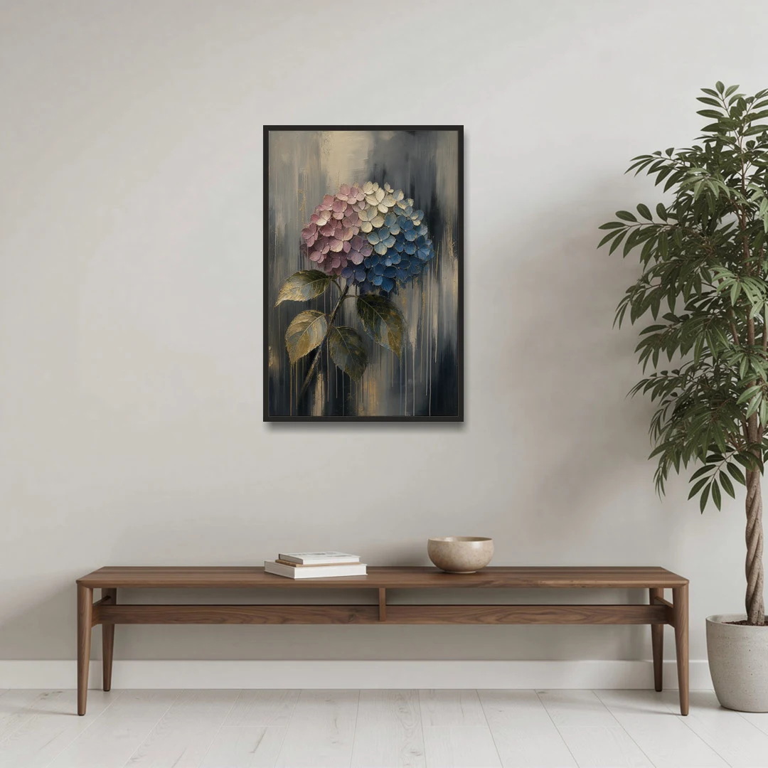Moody Floral Wall Art of a Drooping Hydrangea - Black Framed Canvas Wall Art - Coffee Table - 24x36