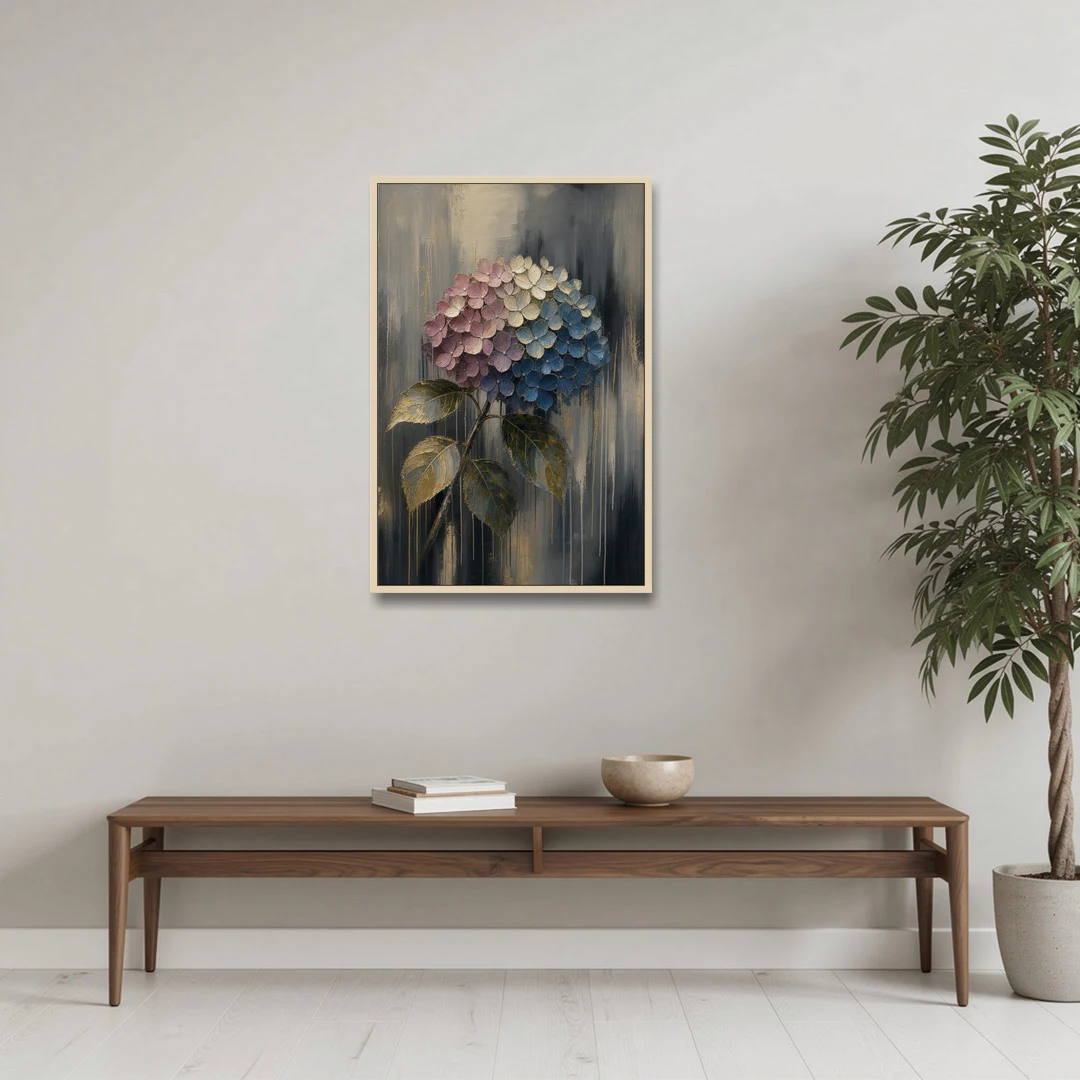 Moody Floral Wall Art of a Drooping Hydrangea - Oak Framed Canvas Wall Art - Coffee Table - 24x36