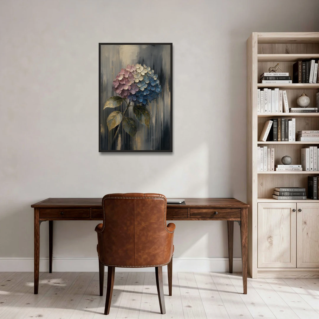 Moody Floral Wall Art of a Drooping Hydrangea - Black Framed Canvas Wall Art - Office - 24x36