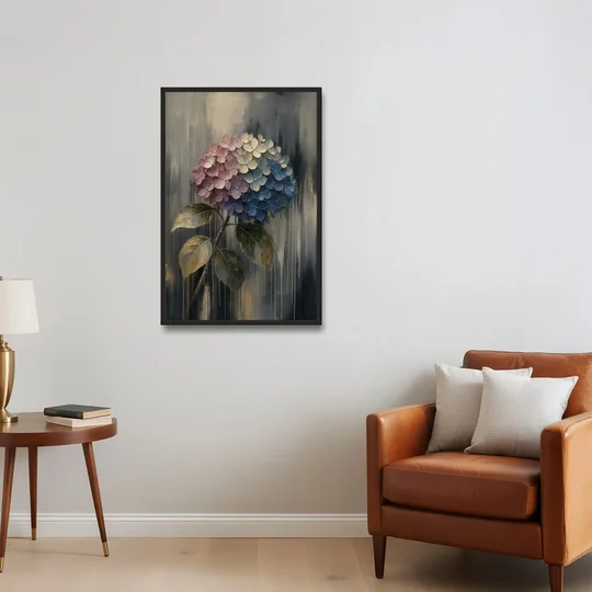 Moody Floral Wall Art of a Drooping Hydrangea - Black Framed Canvas Wall Art - Sofa - 24x36