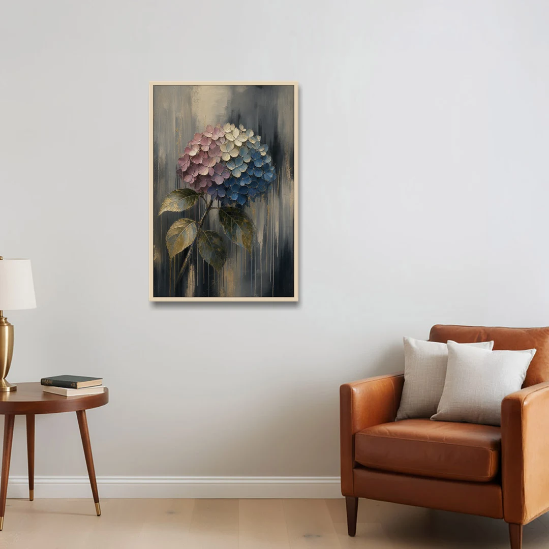 Moody Floral Wall Art of a Drooping Hydrangea - Oak Framed Canvas Wall Art - Sofa - 24x36