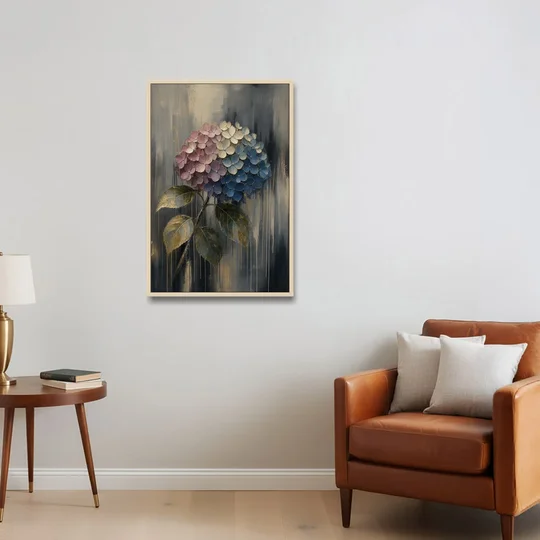 Moody Floral Wall Art of a Drooping Hydrangea - Oak Framed Canvas Wall Art - Sofa - 24x36
