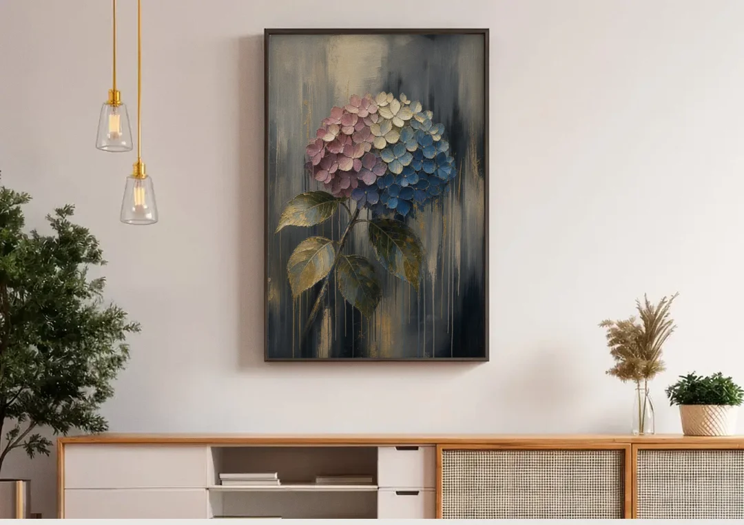 Moody Floral Wall Art of a Drooping Hydrangea canvas wall art above a wooden sideboard under pendant lights