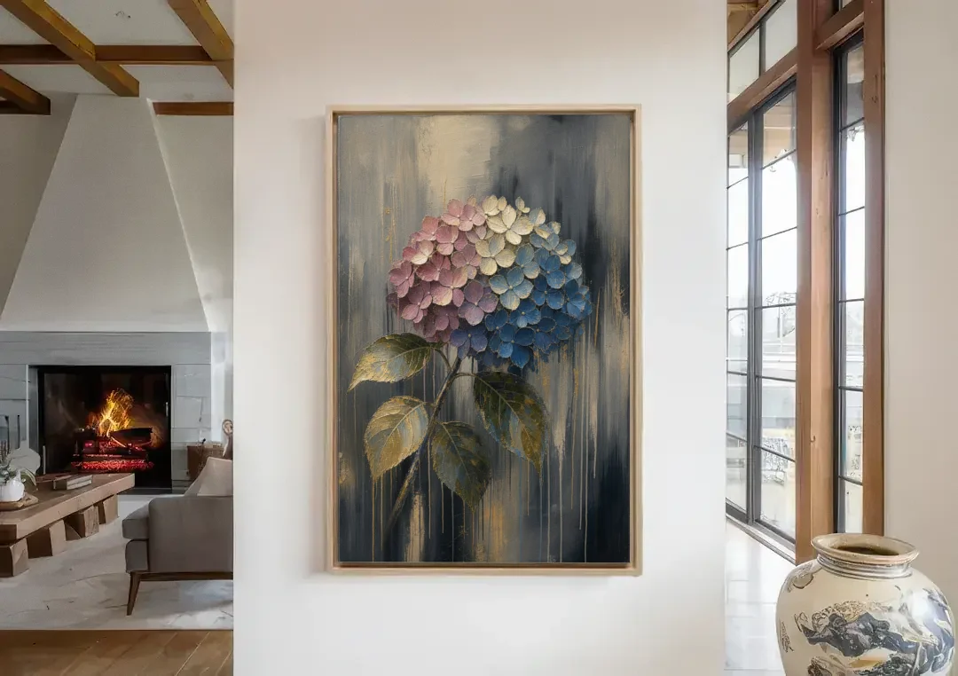 Moody Floral Wall Art of a Drooping Hydrangea canvas wall art in a living room with a fireplace