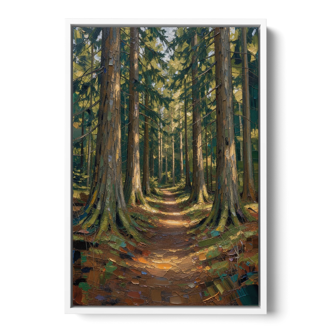 Moody Forest Trail Through Ancient Pines - White Framed Canvas Wall Art - Front