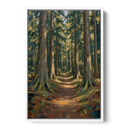 Moody Forest Trail Through Ancient Pines - White Framed Canvas Wall Art - Front