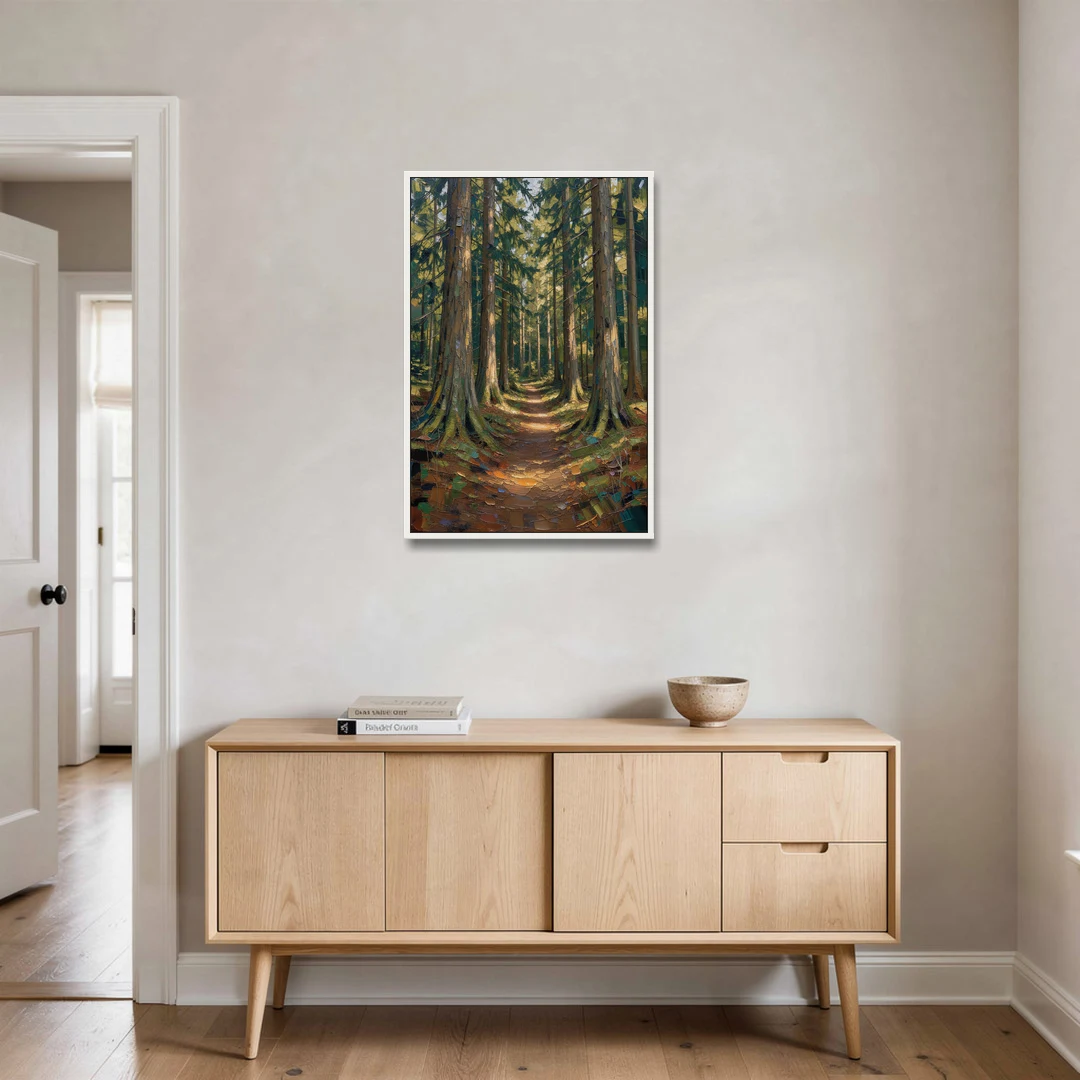 Moody Forest Trail Through Ancient Pines - White Framed Canvas Wall Art - Coffee Table - 24x36