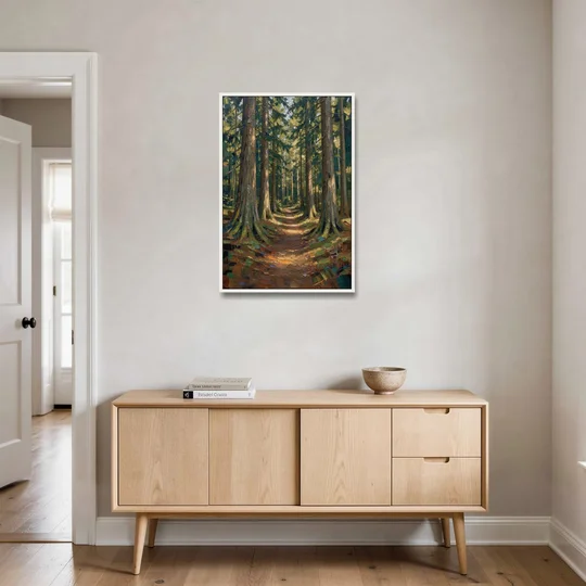 Moody Forest Trail Through Ancient Pines - White Framed Canvas Wall Art - Coffee Table - 24x36