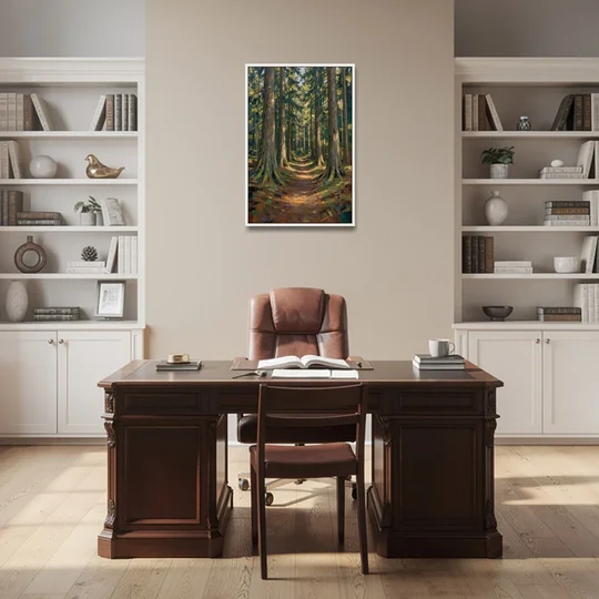 Moody Forest Trail Through Ancient Pines - White Framed Canvas Wall Art - Office - 24x36