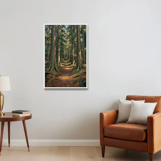Moody Forest Trail Through Ancient Pines - White Framed Canvas Wall Art - Sofa - 24x36