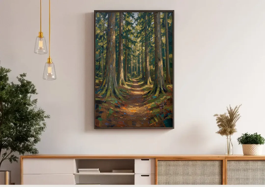Moody Forest Trail Through Ancient Pines canvas wall art above a wooden sideboard under pendant lights