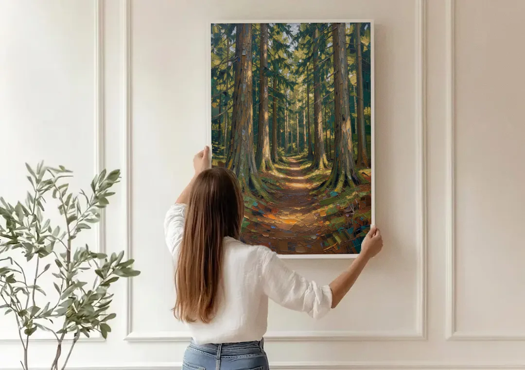 Moody Forest Trail Through Ancient Pines canvas wall art being hung on a paneled wall