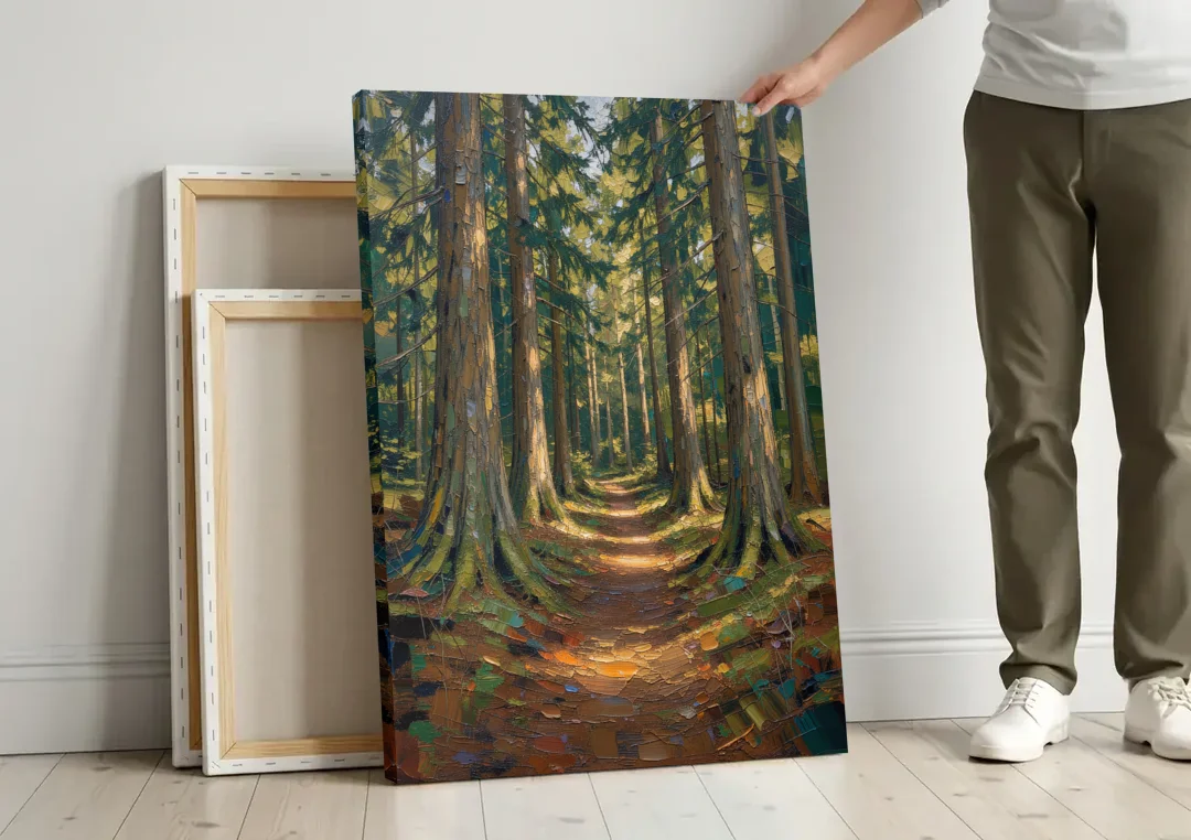 Moody Forest Trail Through Ancient Pines canvas wall art leaning against a wall next to blank canvases