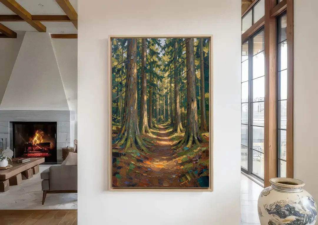 Moody Forest Trail Through Ancient Pines canvas wall art in a living room with a fireplace