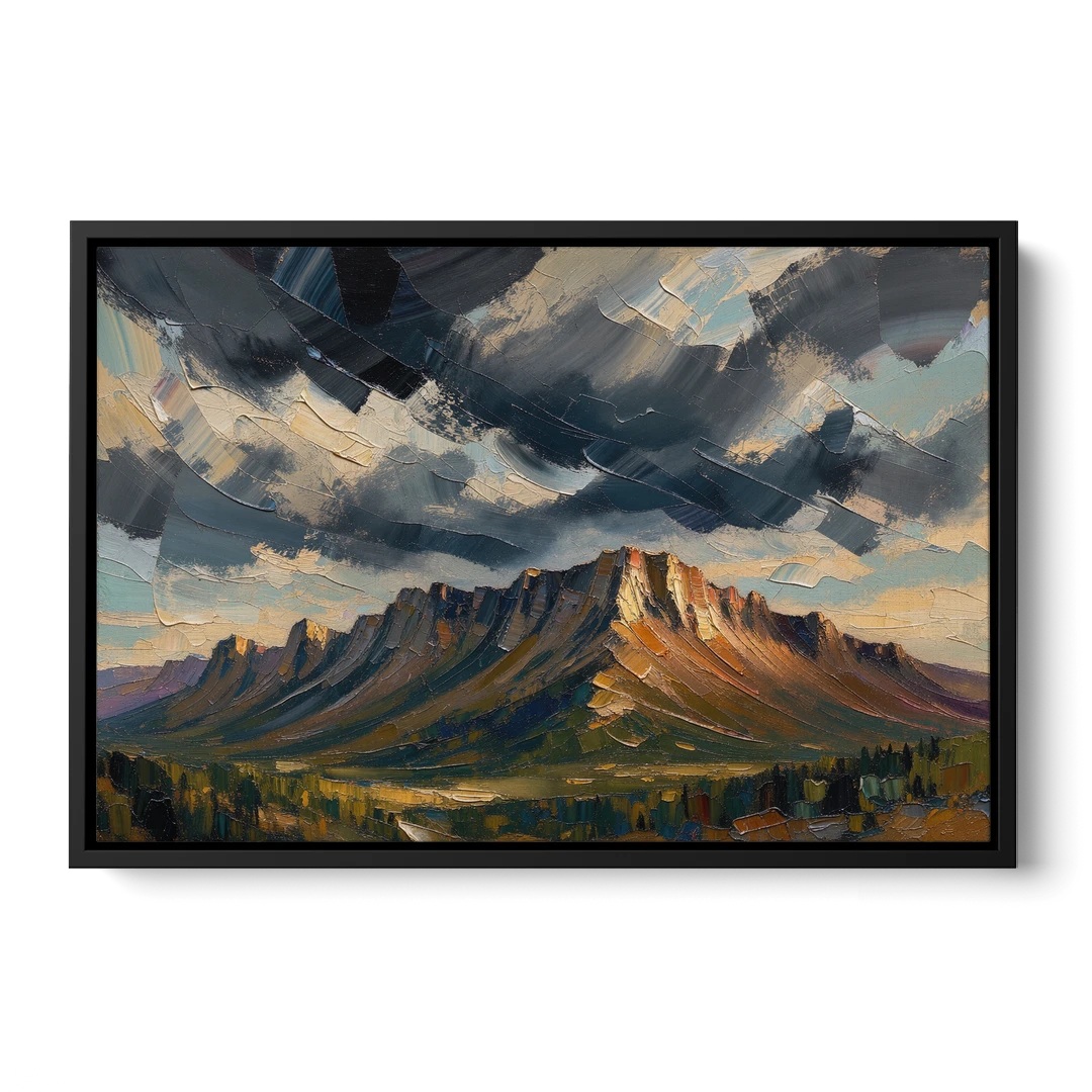 Moody Landscape Painting of the Storm Ridge - Black Framed Canvas Wall Art - Front