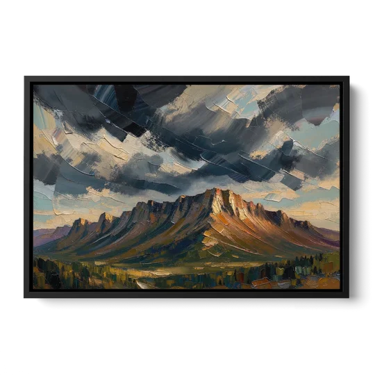 Moody Landscape Painting of the Storm Ridge - Black Framed Canvas Wall Art - Front