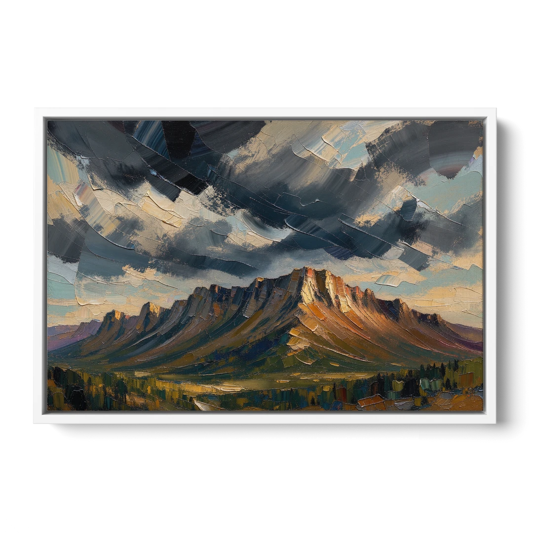 Moody Landscape Painting of the Storm Ridge - White Framed Canvas Wall Art - Front