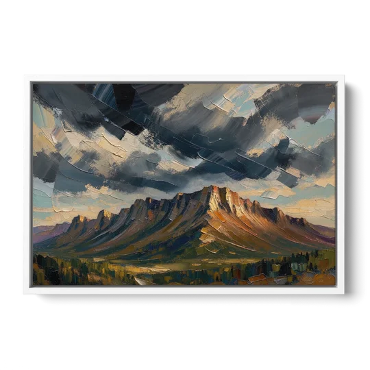 Moody Landscape Painting of the Storm Ridge - White Framed Canvas Wall Art - Front