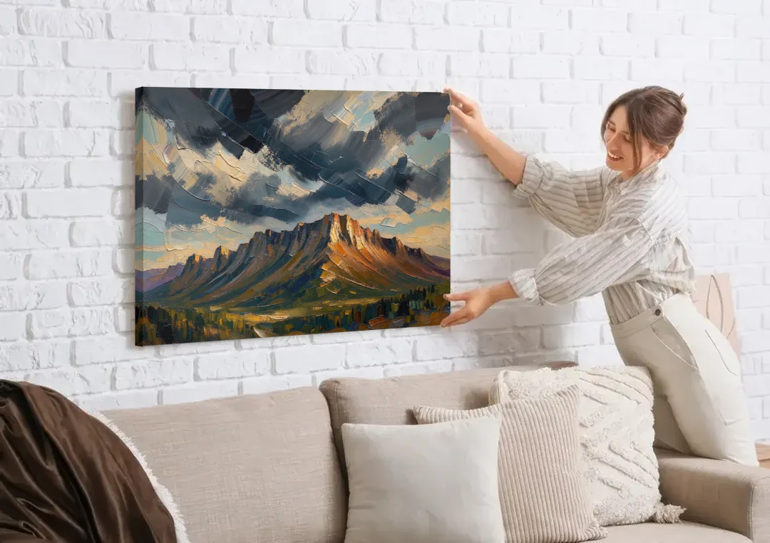 Moody Landscape Painting of the Storm Ridge canvas wall art being hung on a white brick wall above a sofa