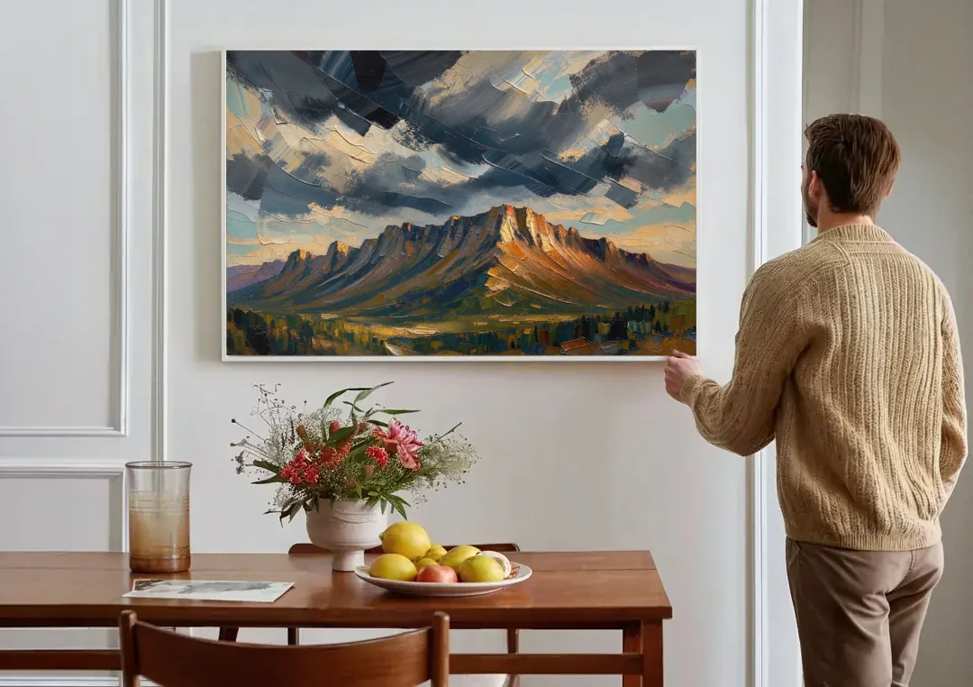 Moody Landscape Painting of the Storm Ridge canvas wall art above a dining table