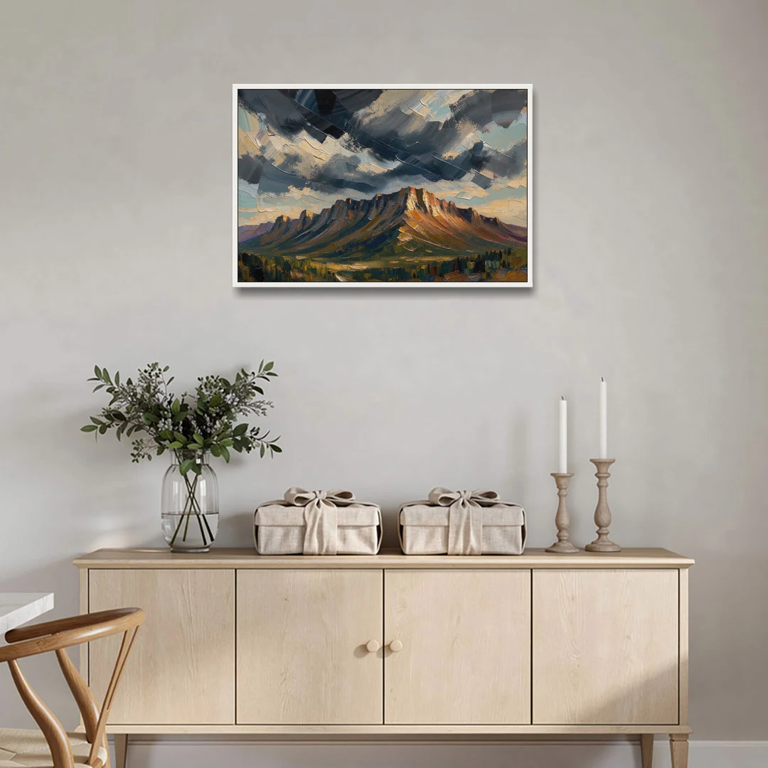 Moody Landscape Painting of the Storm Ridge - White Framed Canvas Wall Art - Coffee Table - 36x24