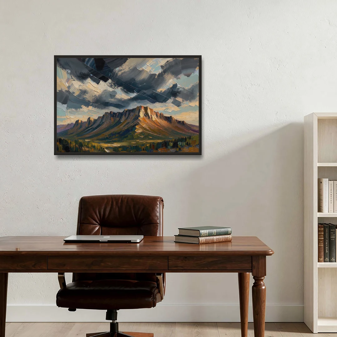 Moody Landscape Painting of the Storm Ridge - Black Framed Canvas Wall Art - Office - 36x24