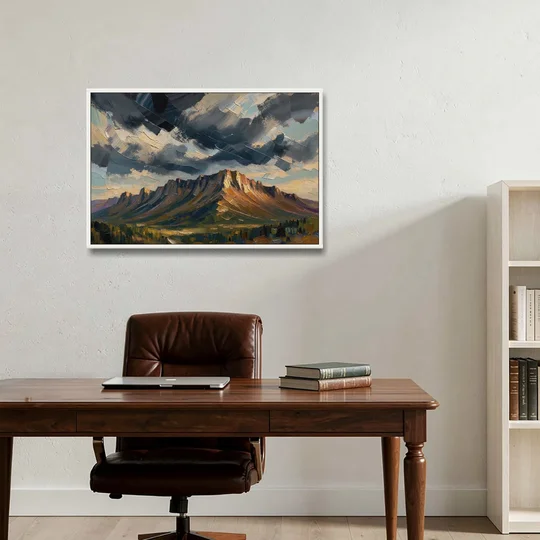 Moody Landscape Painting of the Storm Ridge - White Framed Canvas Wall Art - Office - 36x24