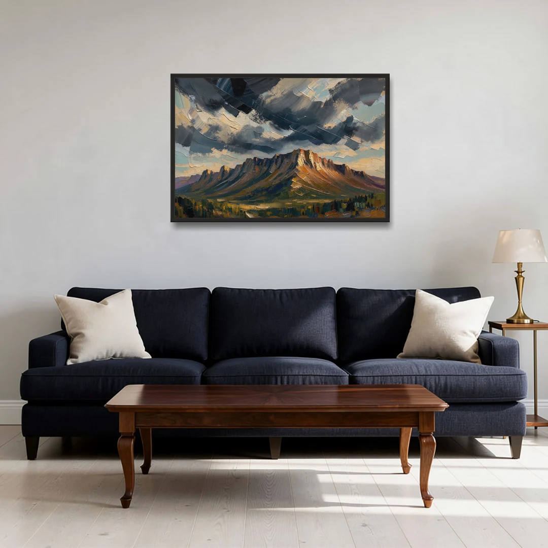 Moody Landscape Painting of the Storm Ridge - Black Framed Canvas Wall Art - Sofa - 36x24
