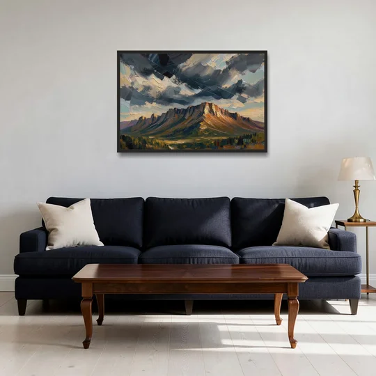 Moody Landscape Painting of the Storm Ridge - Black Framed Canvas Wall Art - Sofa - 36x24