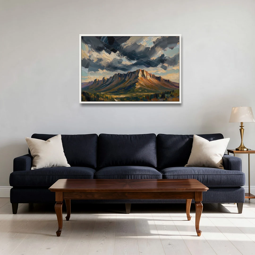 Moody Landscape Painting of the Storm Ridge - White Framed Canvas Wall Art - Sofa - 36x24